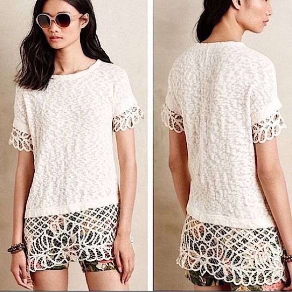 Saturday Sunday Anthropologie Crocheted Trim Tunic Blouse Tee Small Ivory - Picture 1 of 8